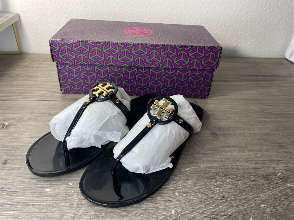 TORY BURCH Mini Miller Flat Sandal Perfect Black/Gold US Size 8